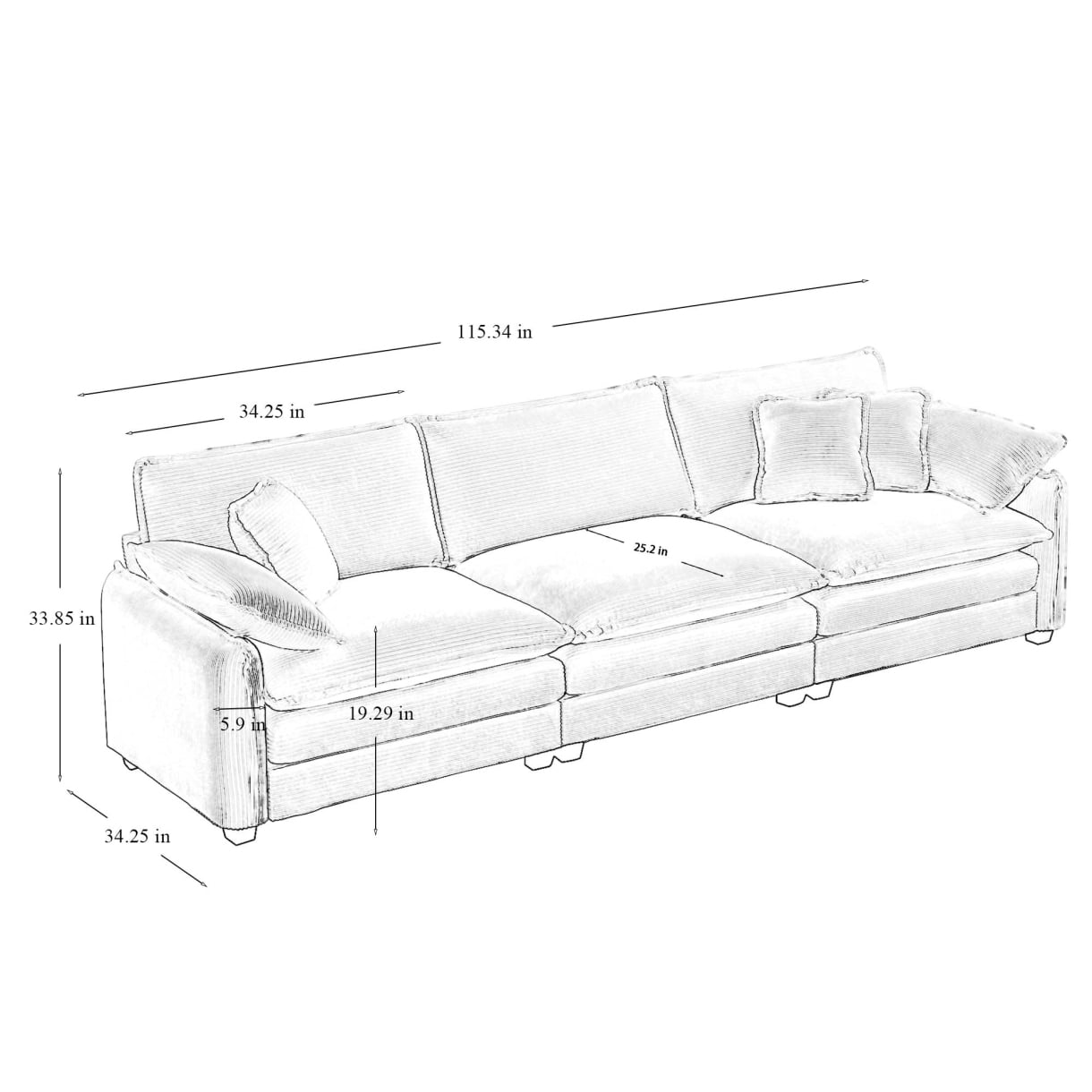 Mid-Century Modern 3-Piece Sofa, Home Theater Style Sofa Set, 3-Seater Sofa and 2 Single Seat Sofa, Living Room Corduroy Combination Sofa With Pillows, for Apartment, Office, Living Space, Tan