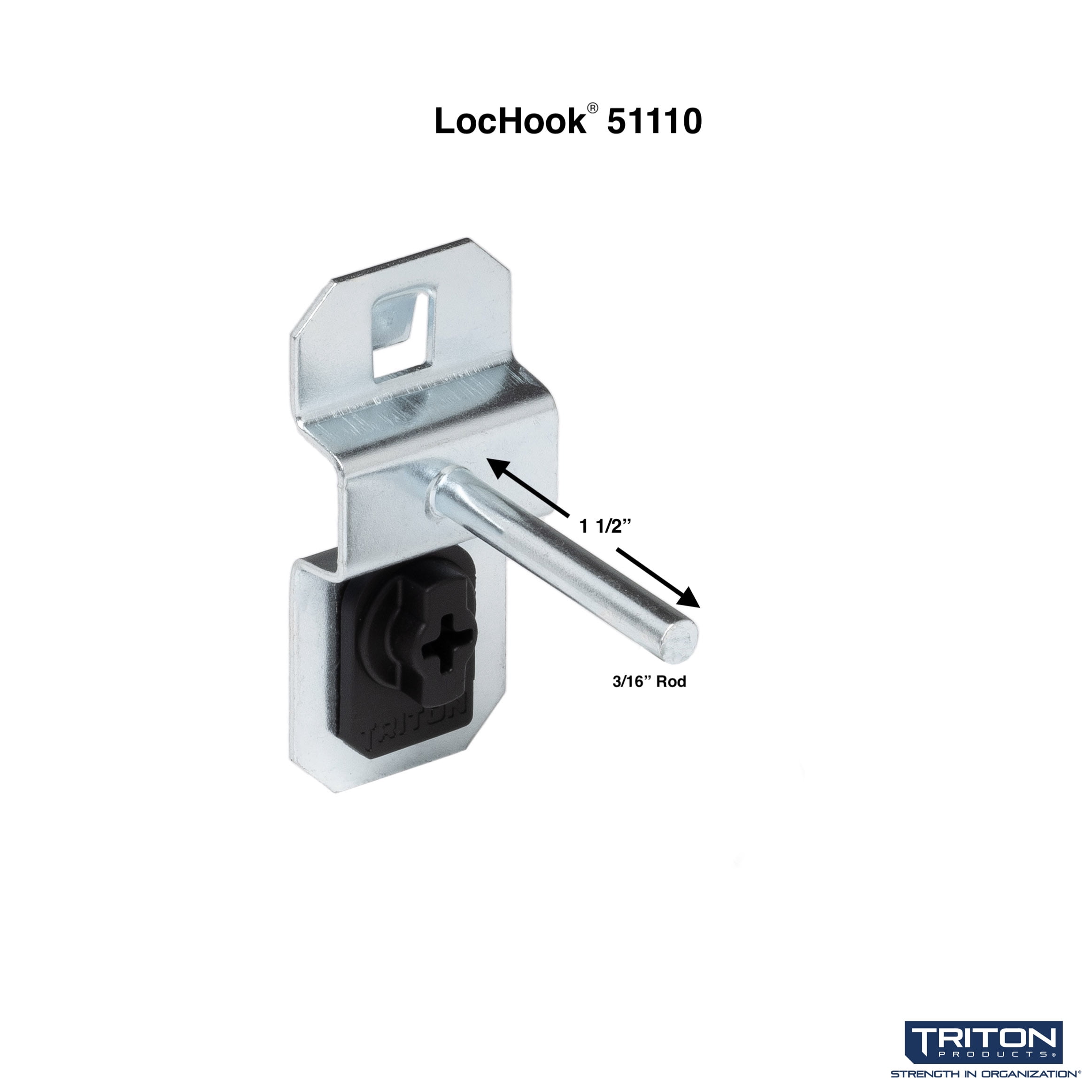 Triton Products® LocHook 1-1/2" Single Rod (Straight) 3/16"D Zinc Plated Steel Pegboard Hook for LocBoard, 5pk