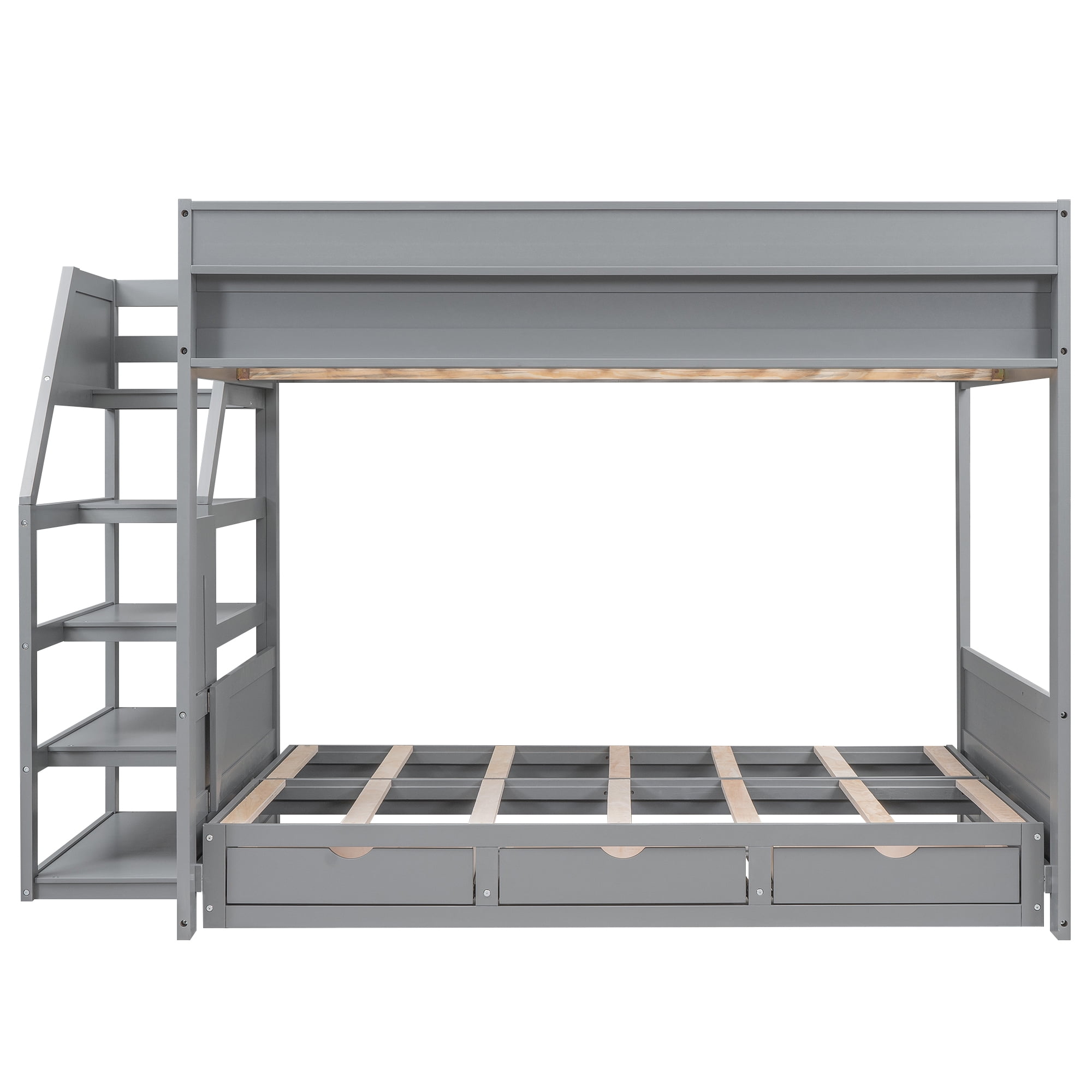 Euroco Wood Full Bunk Bed or Full over Futon with Shelf and Drawers for Kids Teens, Divided into 2 Single Beds