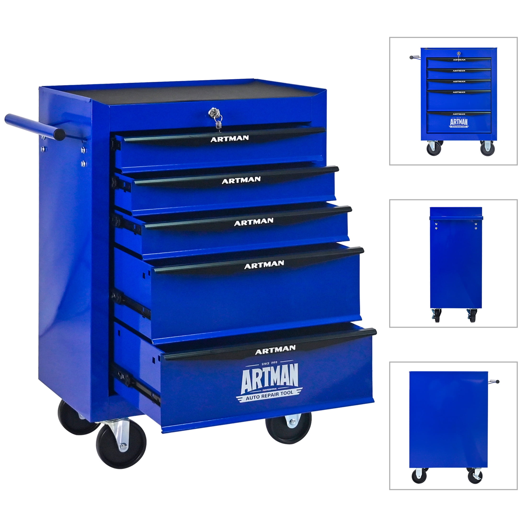 Noble House 5-Drawer Mobile Steel Tool Organizer with Key Lock, Ball Bearing Slide Storage Cabinet Box, Blue