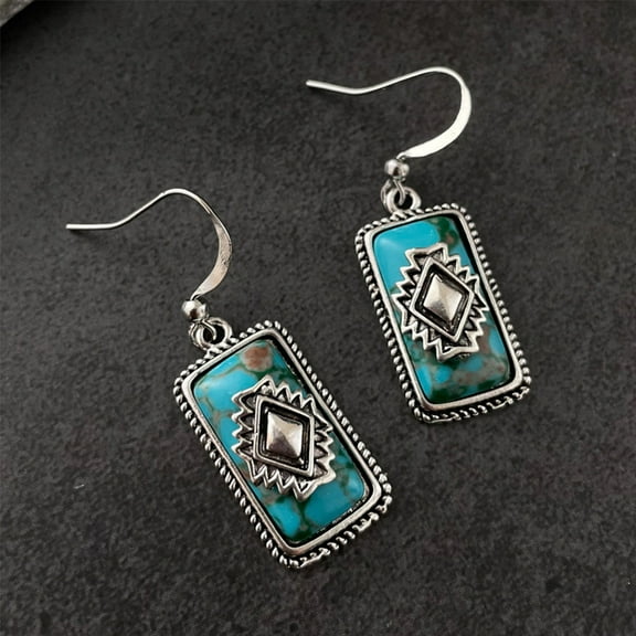Vintage Turquoise Square Earrings, Trendy Women's Jewelry Set 2 Pairs