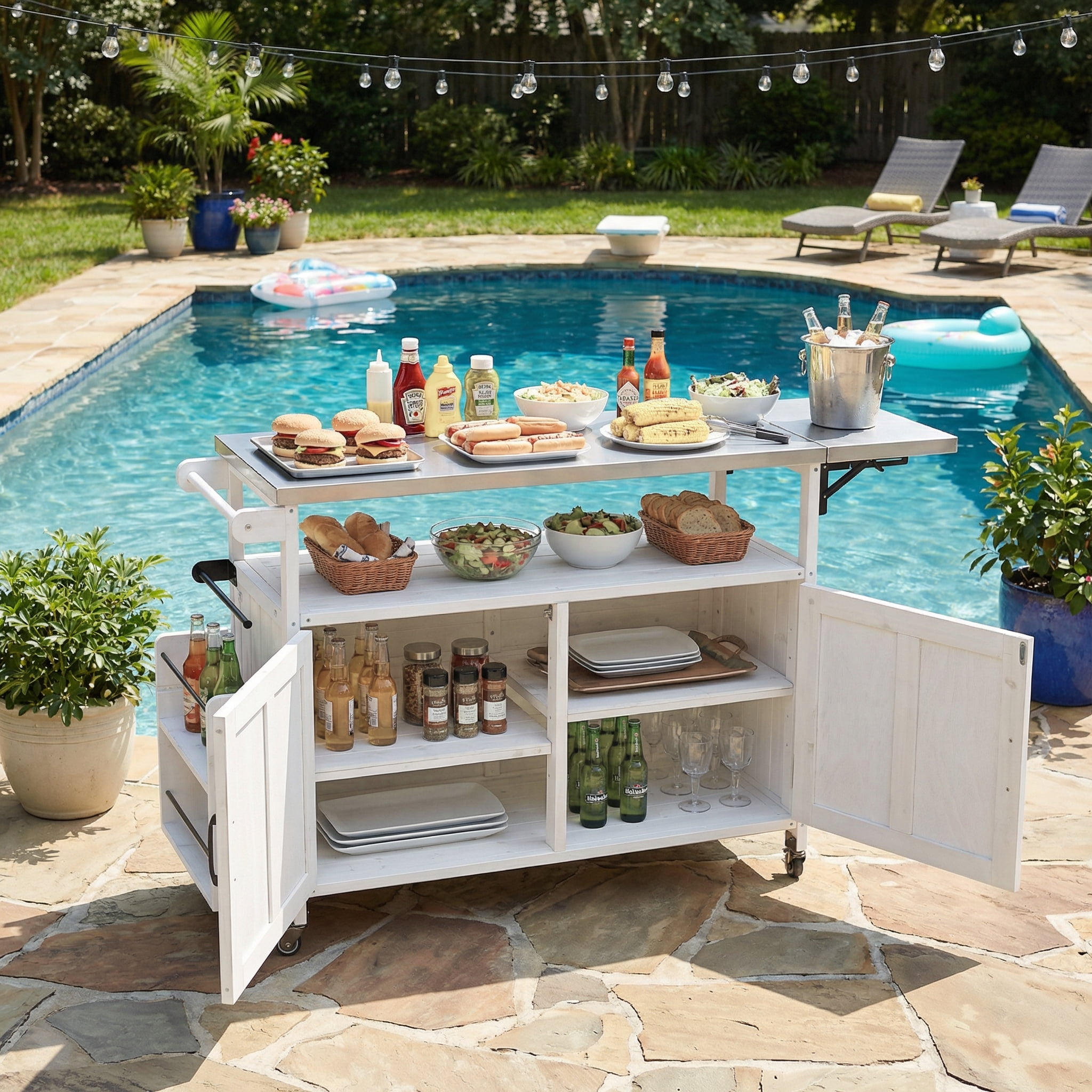 Harper & Bright Designs Outdoor Extendable Kitchen Island with Wheels, Patio Kitchen Cart with Foldable Stainless Steel Top, Portable Prep Station with Storage Cabinet and Towel Rack, White
