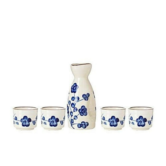 TJ Global 5-Piece Sake Set, Durable Ceramic Japanese Sake Set with 1 Carafe/Decanter/Tokkuri Bottle and 4 Ochoko cups for Hot or Cold Sake at Home or Restaurant - White with Blue Flowers