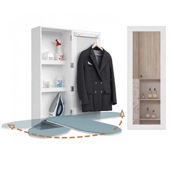 Facilehome Wall Mounted Ironing Board Cabinet with Mirror, 180° Rotating Ironing Board, Built-in Storage Shelves, White