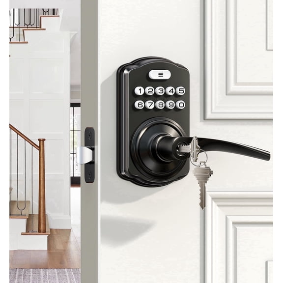 Veise Keypad Door Lock with Handle, Keyless Entry for Bedroom, Electronic Lock with Code, Auto-Locking, Easy Installation, Matte Black