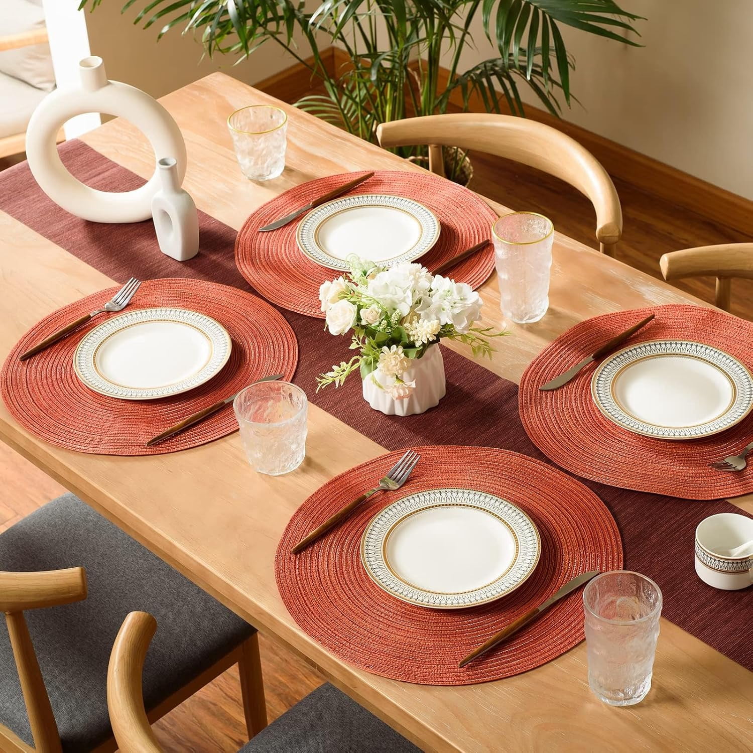 Round Braided Placemats Set of 8 Place mats for Dining Tables Woven Heat Resistant Table Mats 15 inch for Fall (E Brown, 8pcs)