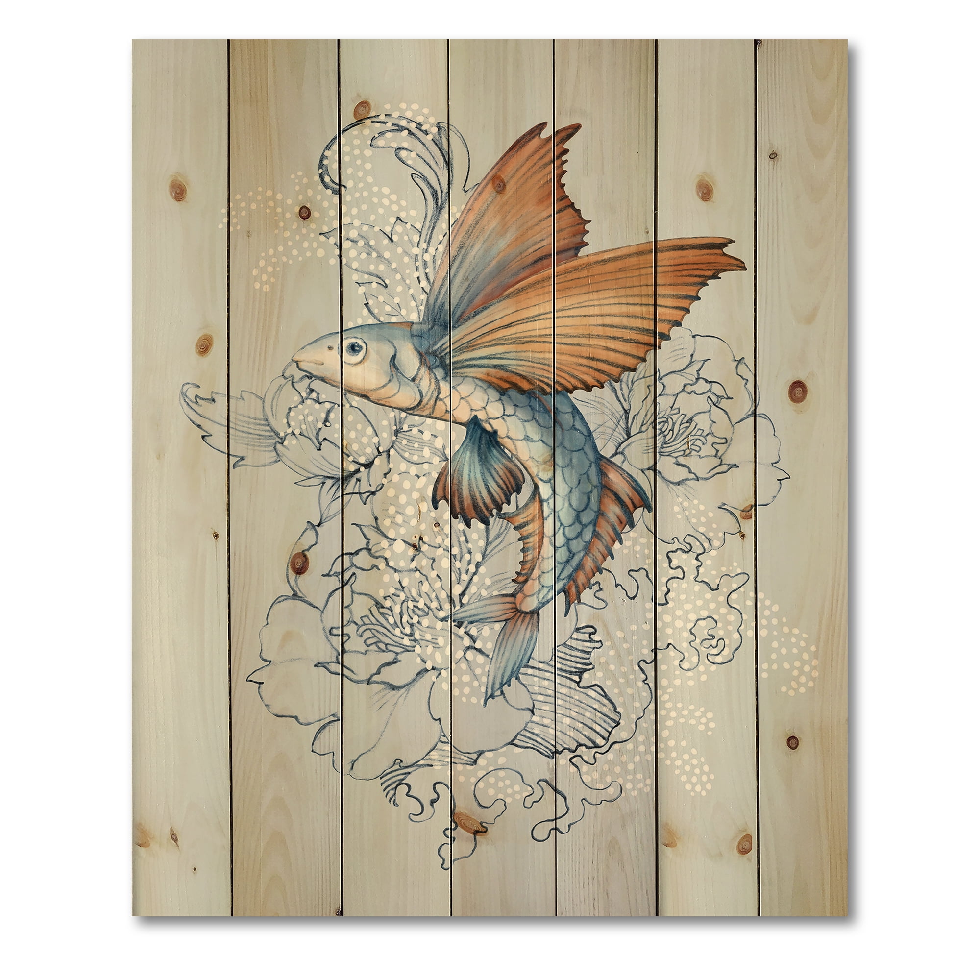 Designart 'Flying Fish and Peonies' Traditional Print on Natural Pine Wood