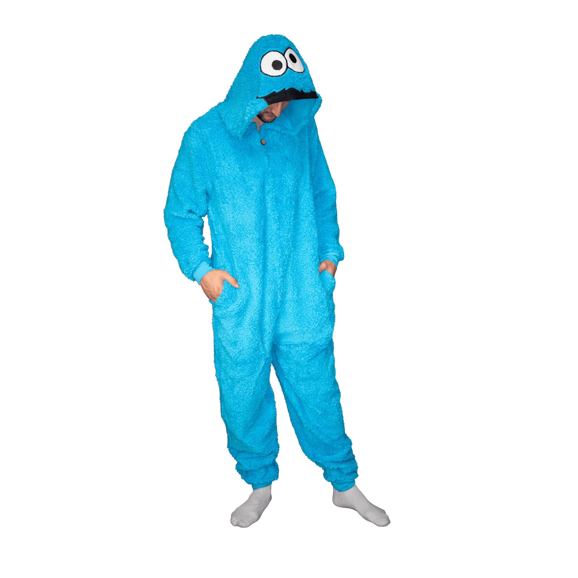 Sesame Street Cookie Monster Fleece Zip Up Jumpsuit Adult Halloween Costume Cosplay One Piece Union Suit Officially Licensed