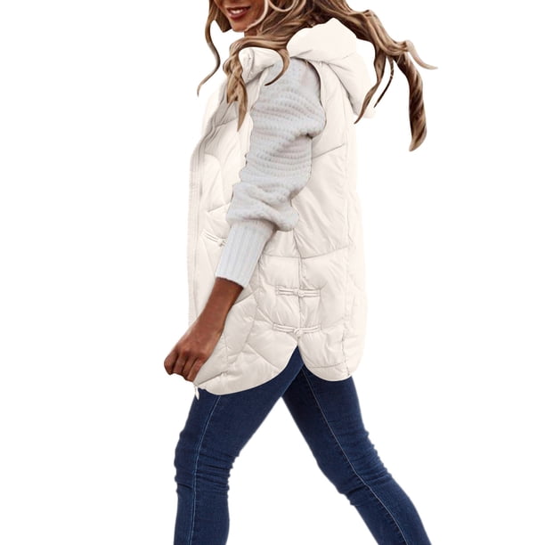 Gibobby Abrigos largos de invierno para mujer, Chaleco largo para mujer, acolchado de invierno, con capucha, sin mangas, con cierre, para exteriores, chamarra larga, chaleco(Beige,M)