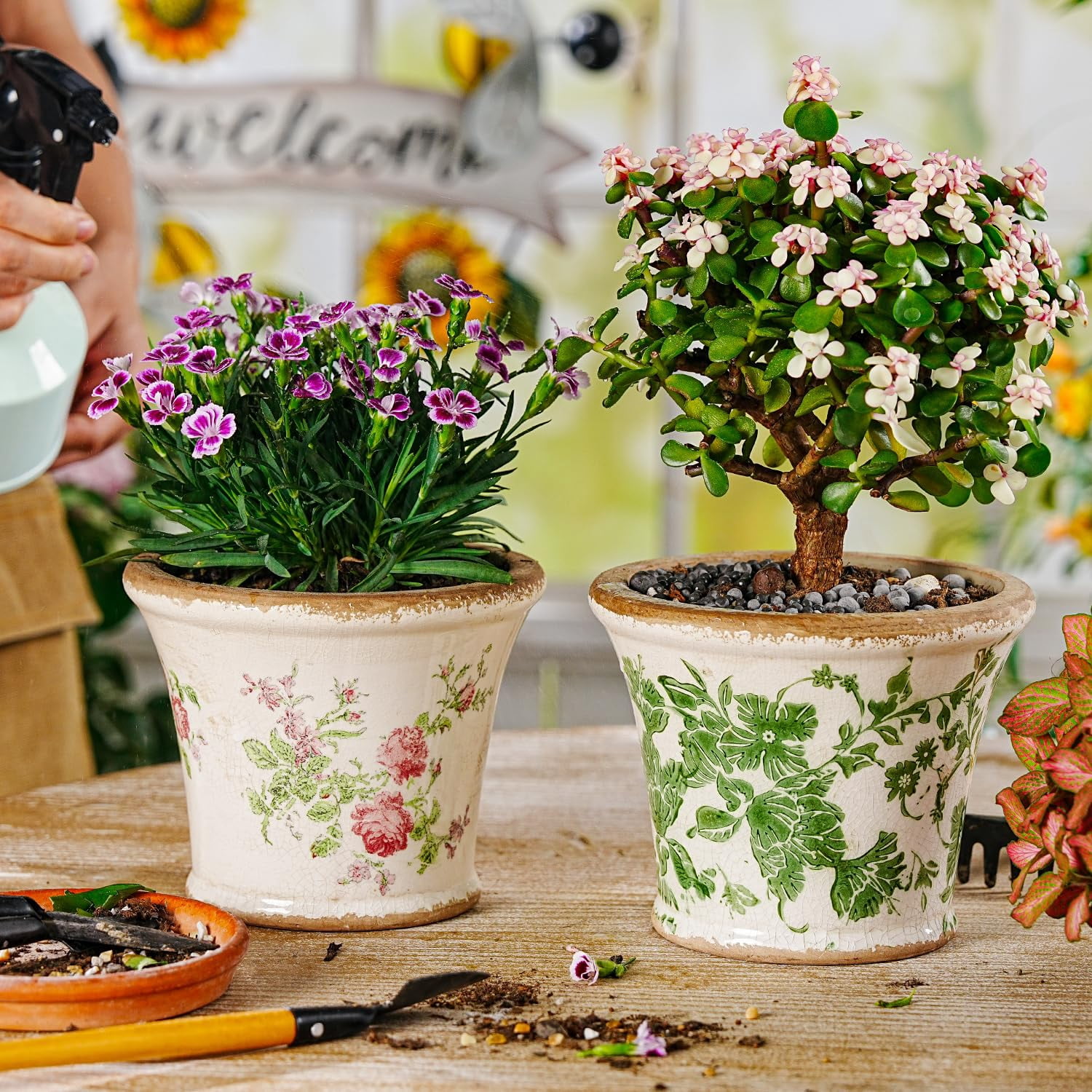 Sungmor Set of 2 Vintage Ceramic Flower Pots with Drainage Hole - Rustic Farmhouse Planters with Crackle Glaze & Floral Prints - Indoor Outdoor Decorative Plant Pots for Succulents, Herbs, Flowers