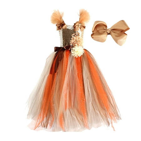 

Pedort Dresses For Girls 2023 Wedding Guest Girls Summer Chiffon Casual Dress Square Neck Ruffle Short Sleeve Frilly Smocked Elastic Ruffle Hem Tulle Dresses Orange S