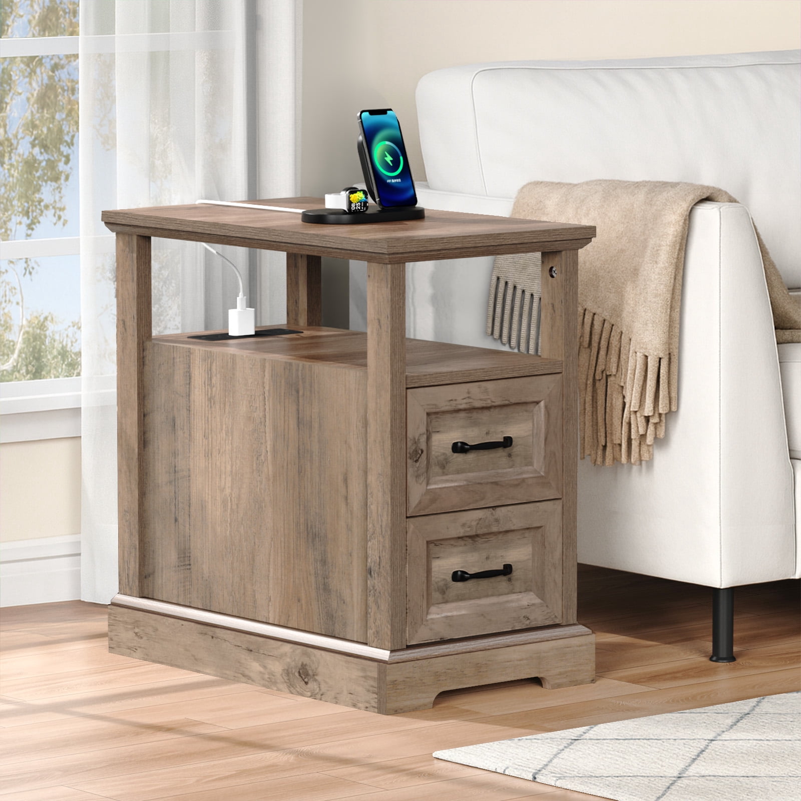 Hommpa 2 Drawers End Tables With Charging Station For Living Room, Farmhouse Narrow Sofa Side Table For Small Spaces, Nightstand Bedside Table with Storage For Bedroom, Light Ivory