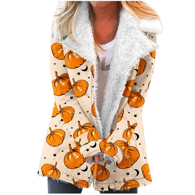 Puntoco Abrigo Mujer Halloween Impreso Moda Manga Larga Bolsillo Compuesto Felpa Botón Abrigo Manga Larga Sin Sombrero Casual Abrigo/Chaqueta Liquidación Puntoco Puntoco-1