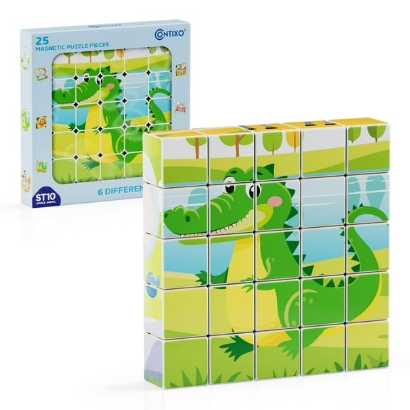 Contixo ST10 25-Piece Magnetic Jungle Animal Puzzle Blocks – Set of 6 Puzzles in One, Fine Motor Skills & STEM Learning Toy for Kids Ages 3