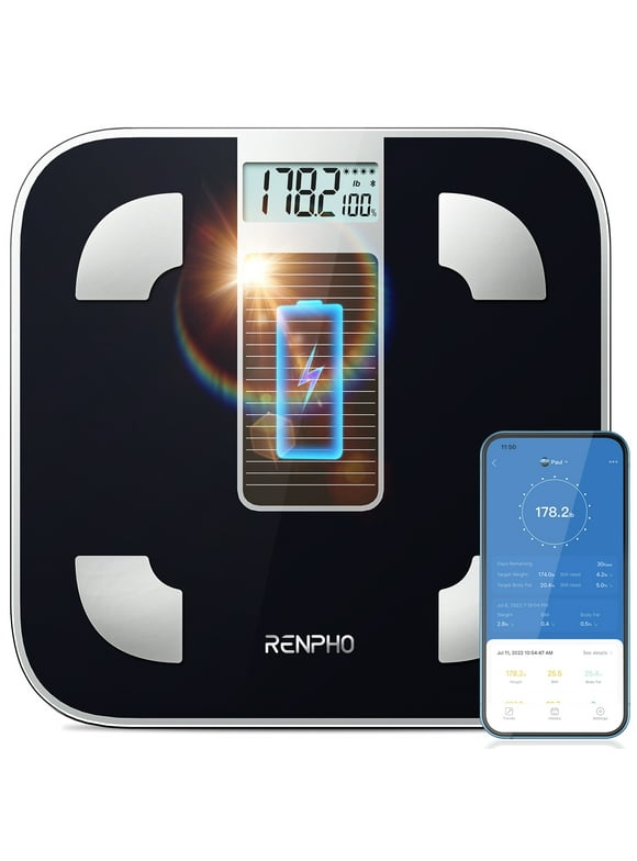 Solar-Powered RENPHO Bluetooth Scale for Weight: Eco-friendly, Smart, Precise! 400lbs, Black
