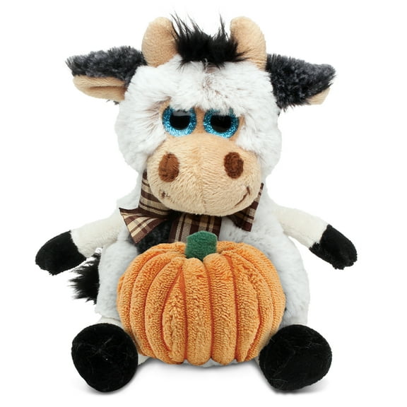 DolliBu Super Soft Sitting Cow Stuffed Animal with Pumpkin Decor - Pumpkin Plush Animal for Fall, Halloween and Thanksgiving, Pumpkin Toy for Baby, Kids, Adults - 7 Inches