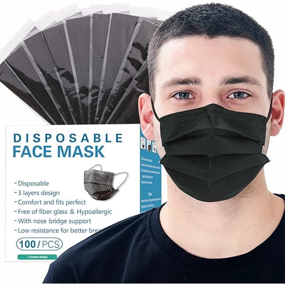 Individually Wrapped Masks 100 Pack Disposable,Face Mask Protection for Adults 3-Layer Filter Safety Face Masks(100, Black)