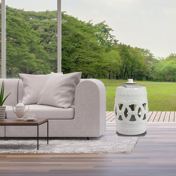 10.5" x 17" Glazed Ceramic Drum Stool - Indoor/Outdoor Side Table - Accent Garden Stool