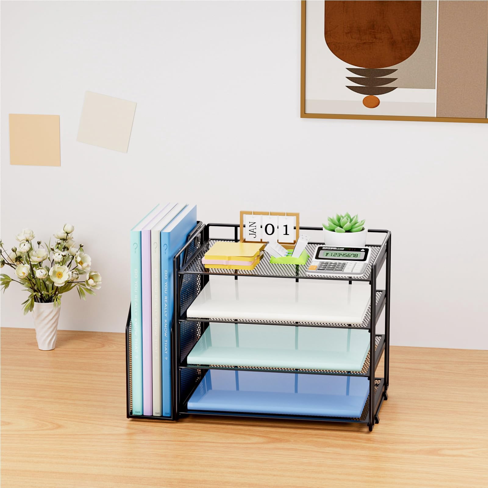 Marbrasse Desk Organizer and Accessories，4-Tier Paper Letter Tray Organizer with File Holder for Home Office Desk Supplies (Black)1 Count