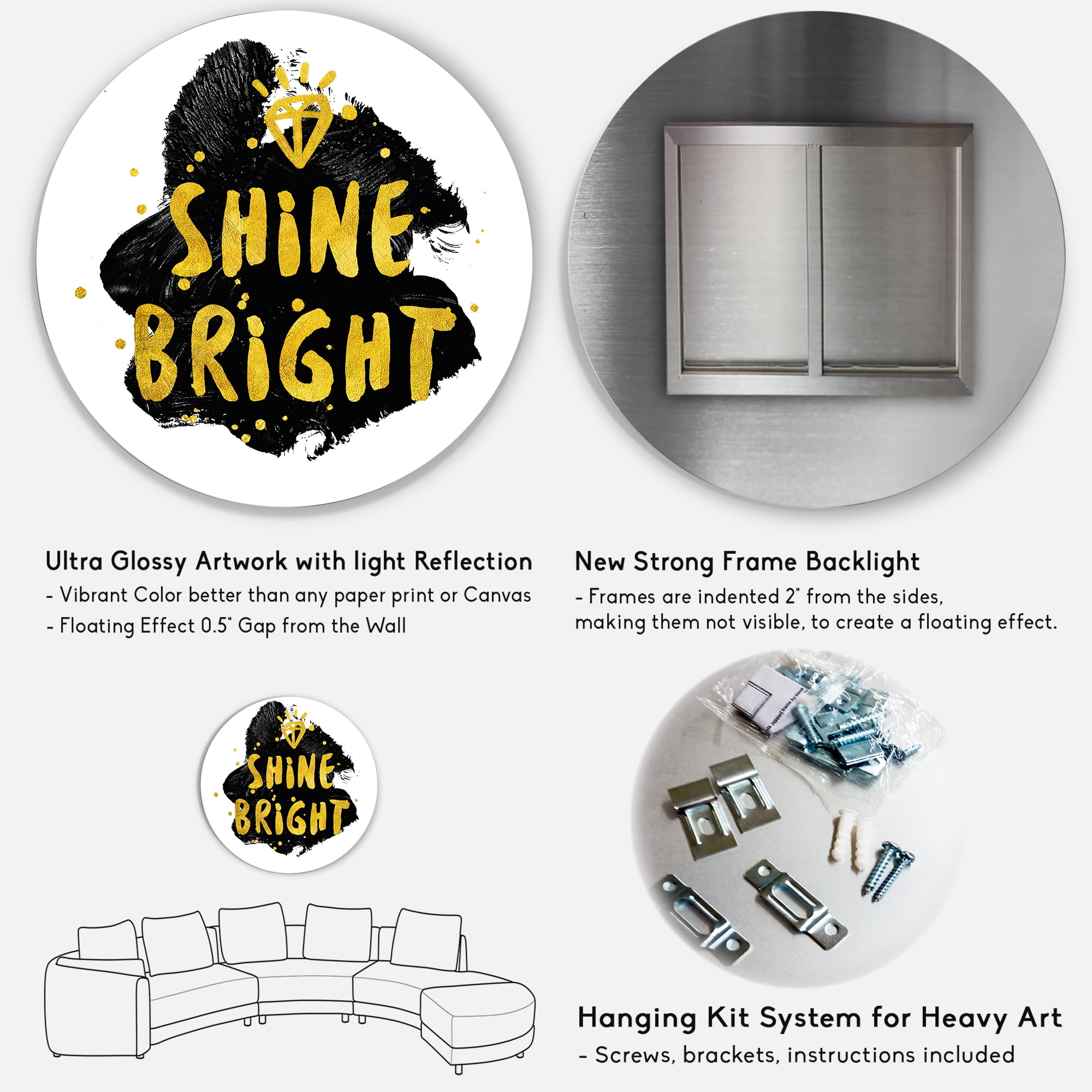 Designart 'Shine Bright Quote on Black' Glam Circle Metal Wall Art 29x29 - Disc of 29