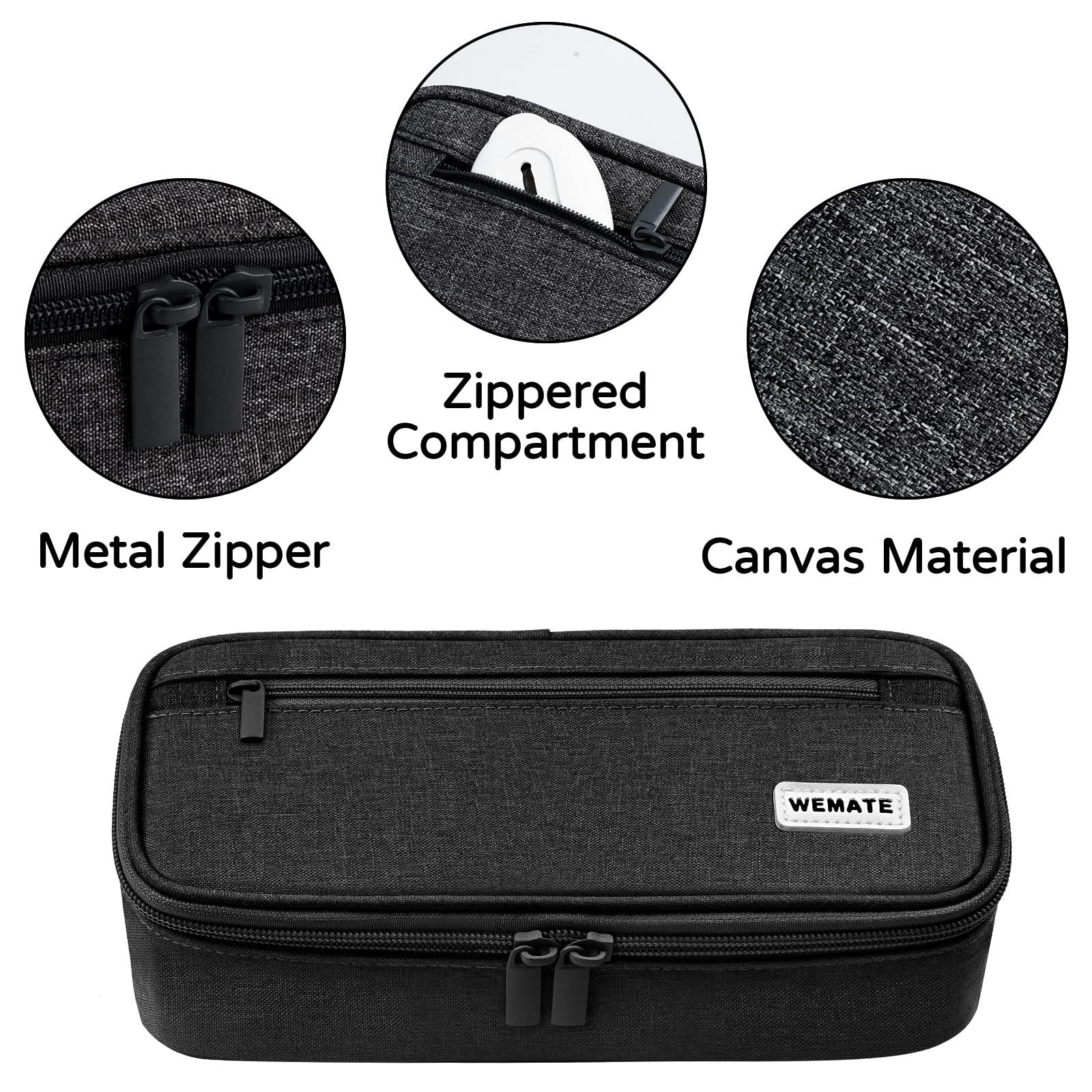 WEMATE Large Capacity Canvas Pencil Case, Black photo 2