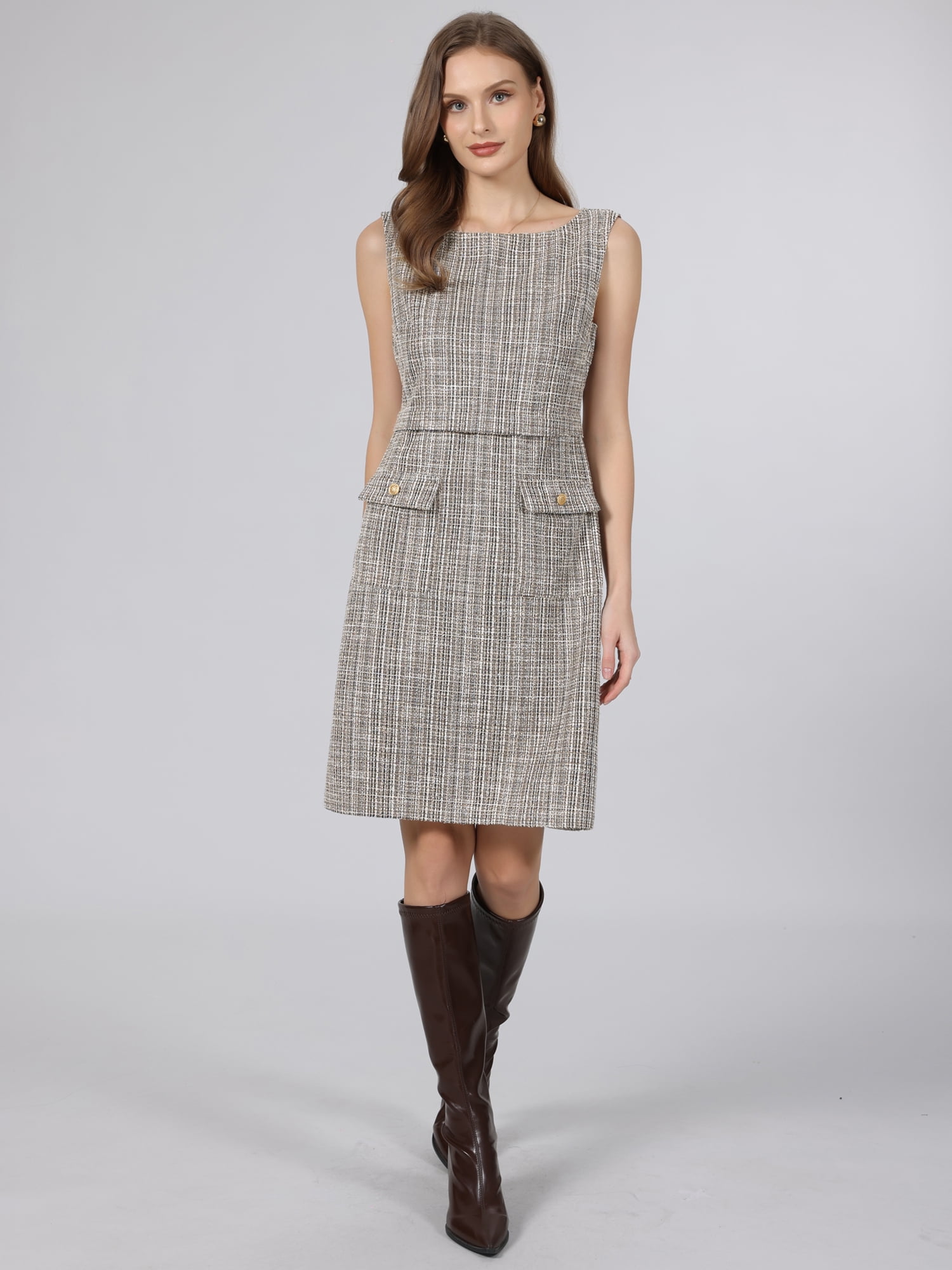 DARING DIVA Women's Sleeveless Elegant Tweed Boat Neck Sheath Dress XL Brown Yellow