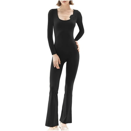JIUKE Jumpsuits for Women Long Sleeve Square Neck Bodysuits Full Length Stretchy Flare Pants 1 Piece Summer Outfits