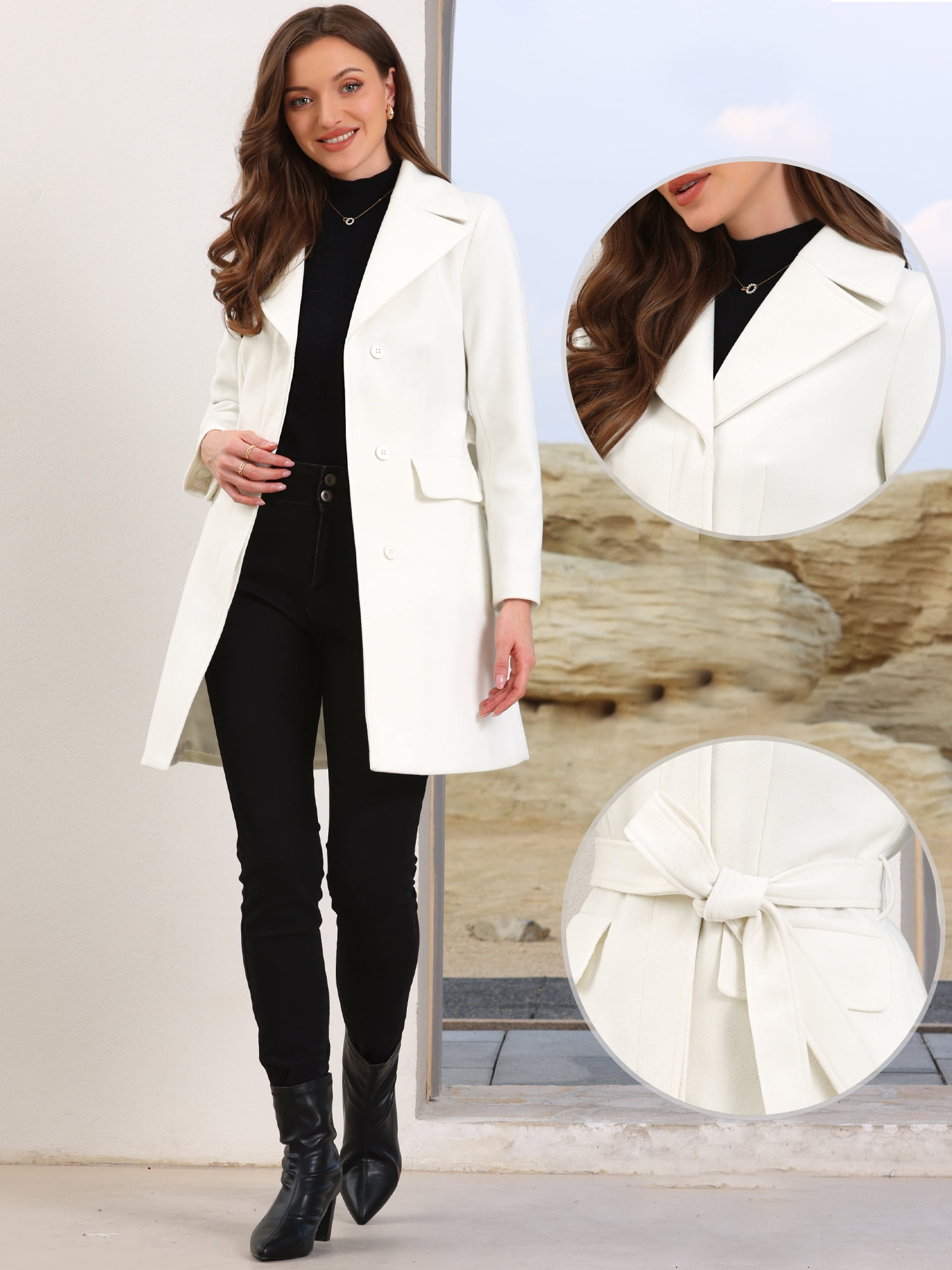 DARING DIVA Women's Lapel Collared Belted Trench Outerwear Coat S White
