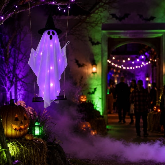 Large LED Light Swing Witch Ghost Halloween Ornament – 1.2M 1.5M 1.8M Multi-Color LED Ghost Decor – Festive Vintage Halloween Decor for Front Yard Halloween Party Decorations