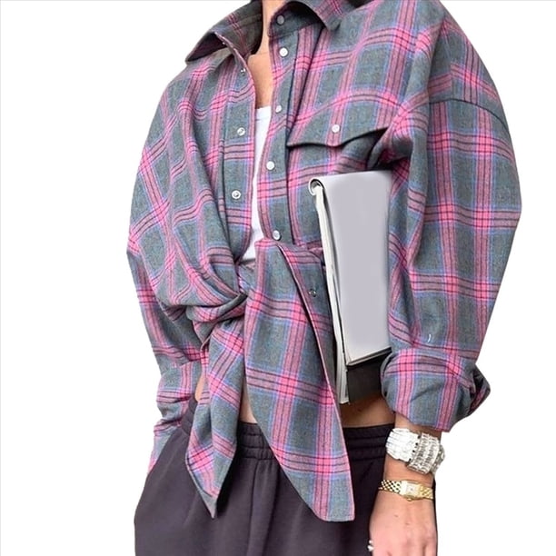 Camisas de Franela para Mujer, Blusa Informal de Algodón de Larga, Cuello Clásico con Botones, Blusas de Otoño 2025. Rosa M