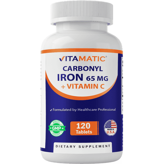 Vitamatic Carbonyl Iron 65 mg with Vitamin C – Gentle Iron Supplement for Energy & Immune Support – High Absorption – 120 Tablets
