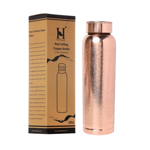 Botella de cobre HealthGoodsIn de 900 ml con diseño grabado