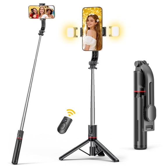 SelfieShow Selfie Stick, 45'' Extendable Selfie Stick Tripod, 360° Rotating Portable Phone Tripod with Bluetooth Remote and 2 LED Lights for iPhone and Android (Black)