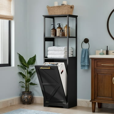 ModFusion Tilt Out Laundry Hamper Cabinet with Removable Basket and 3 Shelves, Black