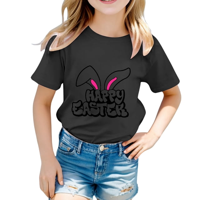 Chemises Filles Enfant Pâques Mignon Graphique Col Rond Manches Courtes Tee Été Décontracté Vêtements Bébé Filles Noir 8-9 Ans