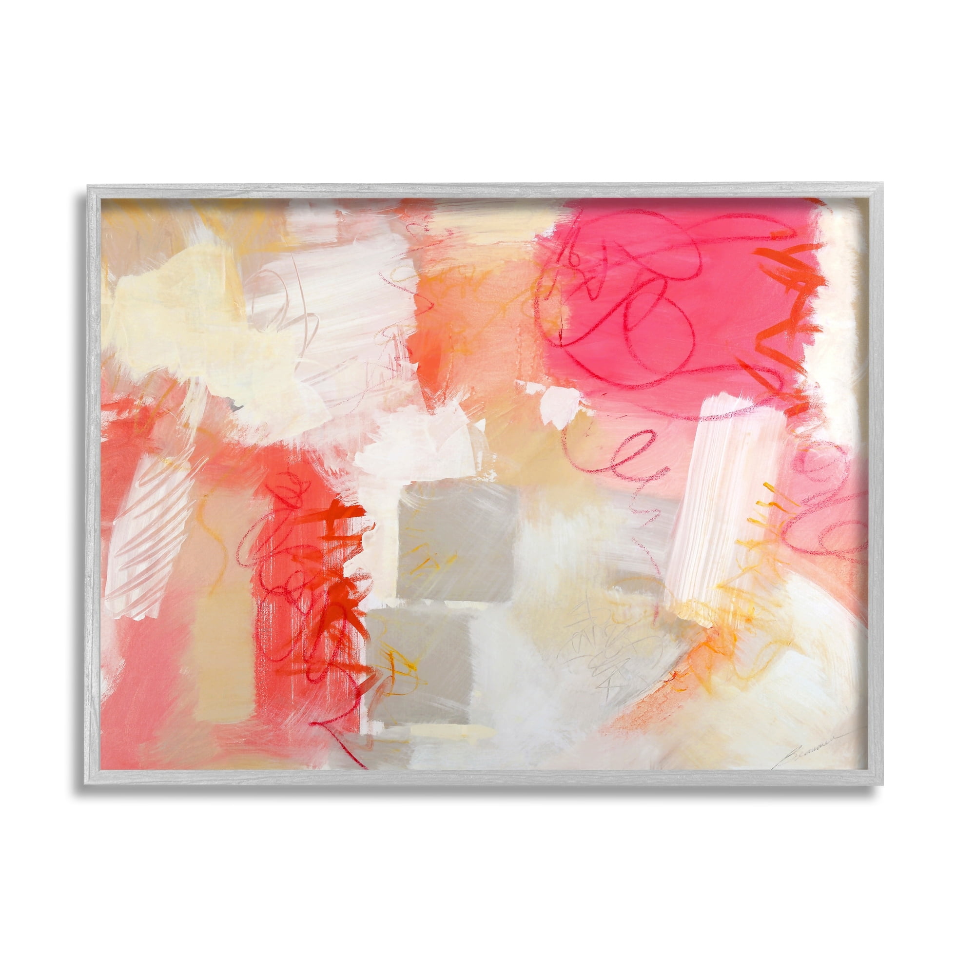 Stupell Industries Vivid Pink Geometric Shapes Scribble Doodle Lines Painting Gray Framed Art Print Wall Art, Design by Beau Wild