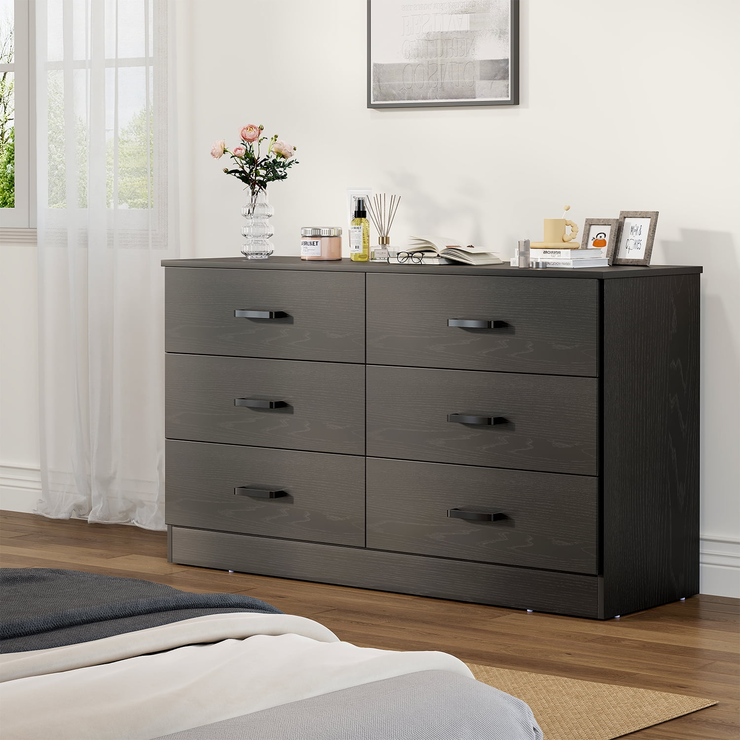 Winkalon 6 Drawer Black Double Dresser,Wood Storage Cabinet with Easy Pull Out Handles for Living Room,Chest of Drawers for Bedroom