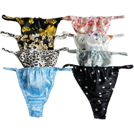 Yavorrs 8pcs Womens Silk Thong Panties Sexy G String Thongs T Back Satin Bikini Flower Underwear