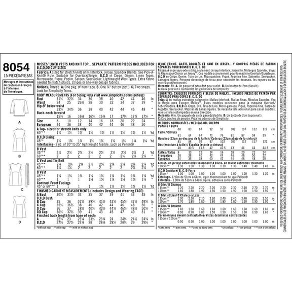 Simplicity Misses Lined Vests & Knit Top Pattern, 1 Each