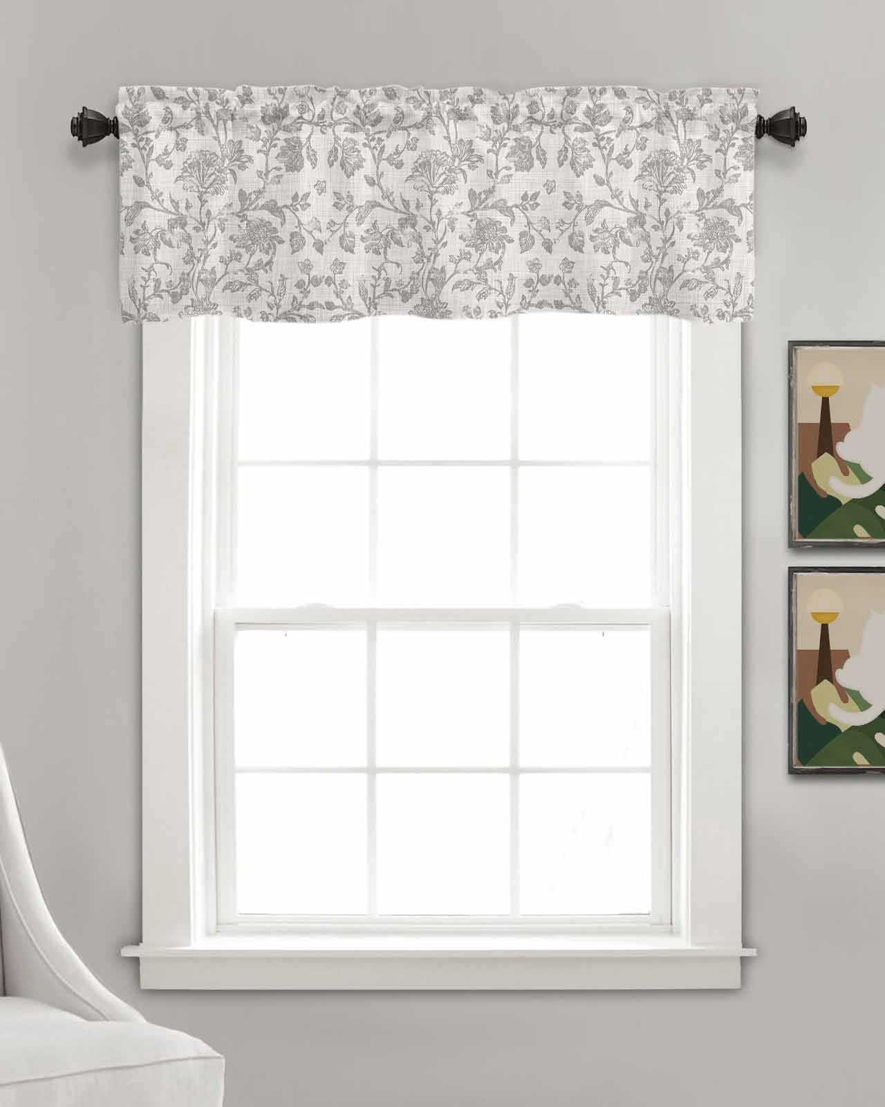 Farmhouse Flower Kitchen Valances for Windows Farmhouse Linen Window Valance Curtain for Living Room Window Treatment Botanical Vintage Grey Leaf Plant Valance Rod Pocket Topper Drape, 42 x 18 Inch