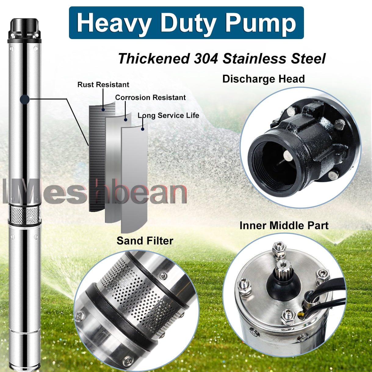 iMeshbean Deep Submersible Well Pump 1HP 35GPM 207ft Head with 100ft Electric Cable,110V 1-1/4" NPT Stainless Steel Water Pump 4" Water Pumps for Industrial, Irrigation and Home Use