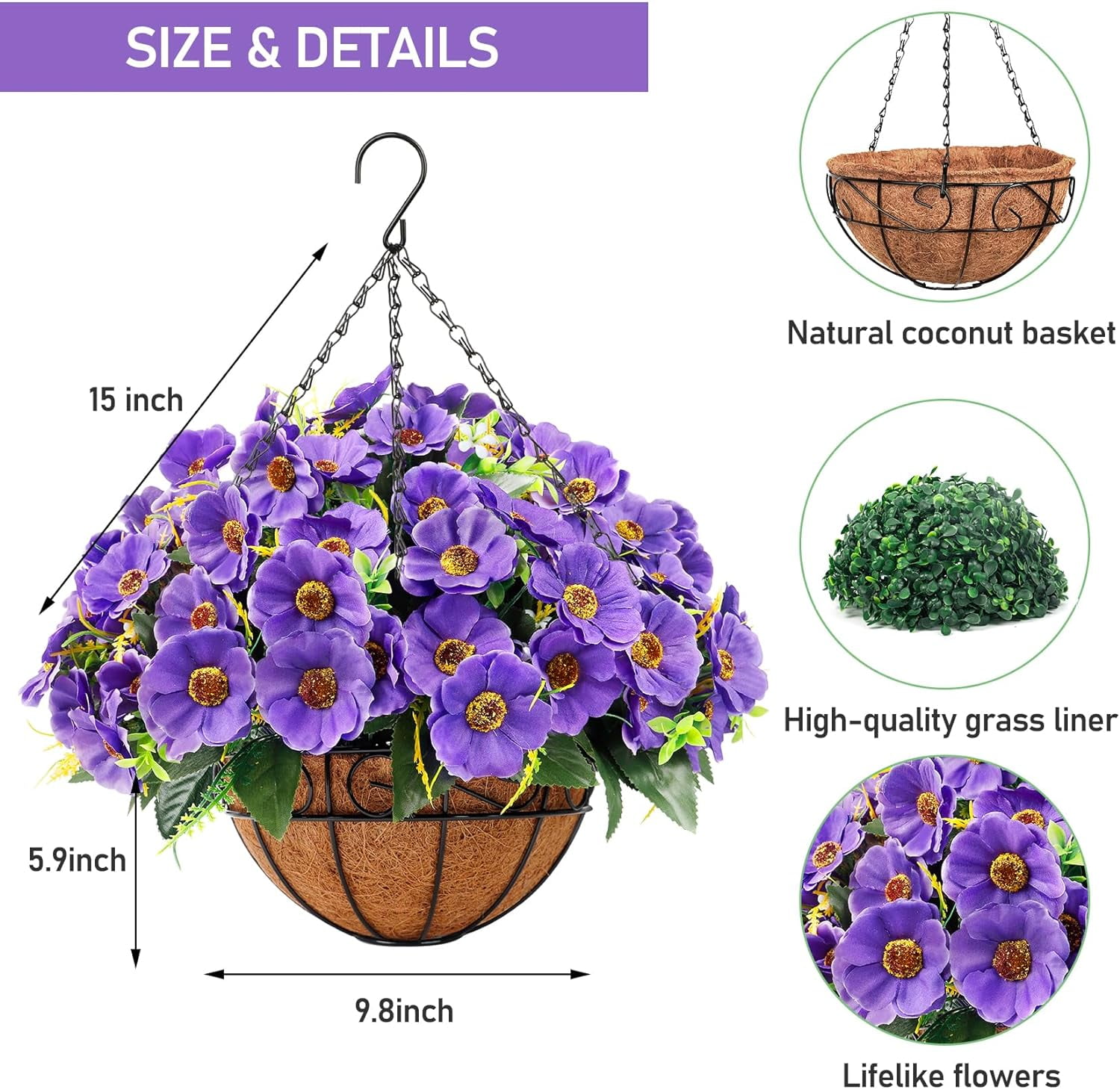 Artificial Hanging Flowers Basket, Fake Plants, Faux Silk Daisy Eucalyptus, for Spring Summer Outdoor Decoration, UV Resistant, Coconut Planter, Look Real for Patio Garden Yard Decor (Pink)