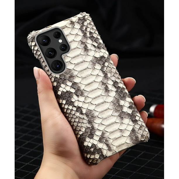 Funda trasera de cuero para teléfono Samsung Galaxy S22 S23 Ultra Plus, protector de piel auténtica de piel de pitón Boa, con botón abierto Fivean unisex