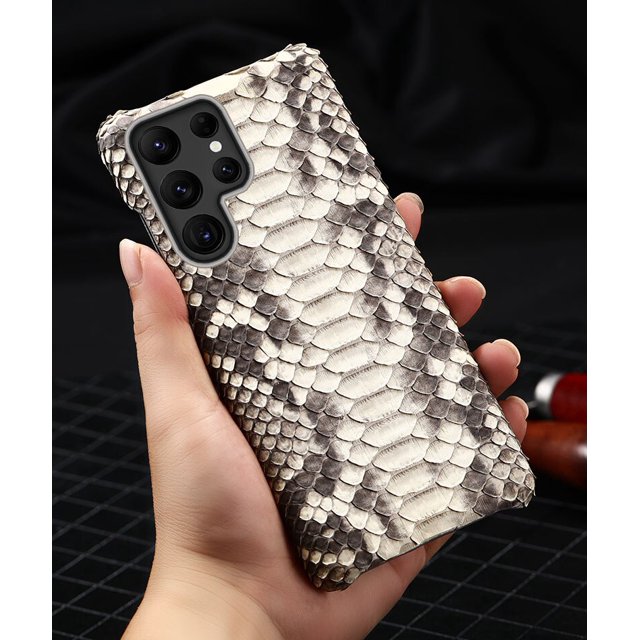 Funda trasera de cuero para teléfono Samsung Galaxy S22 S23 Ultra Plus, protector de piel auténtica de piel de pitón Boa, con botón abierto qym unisex