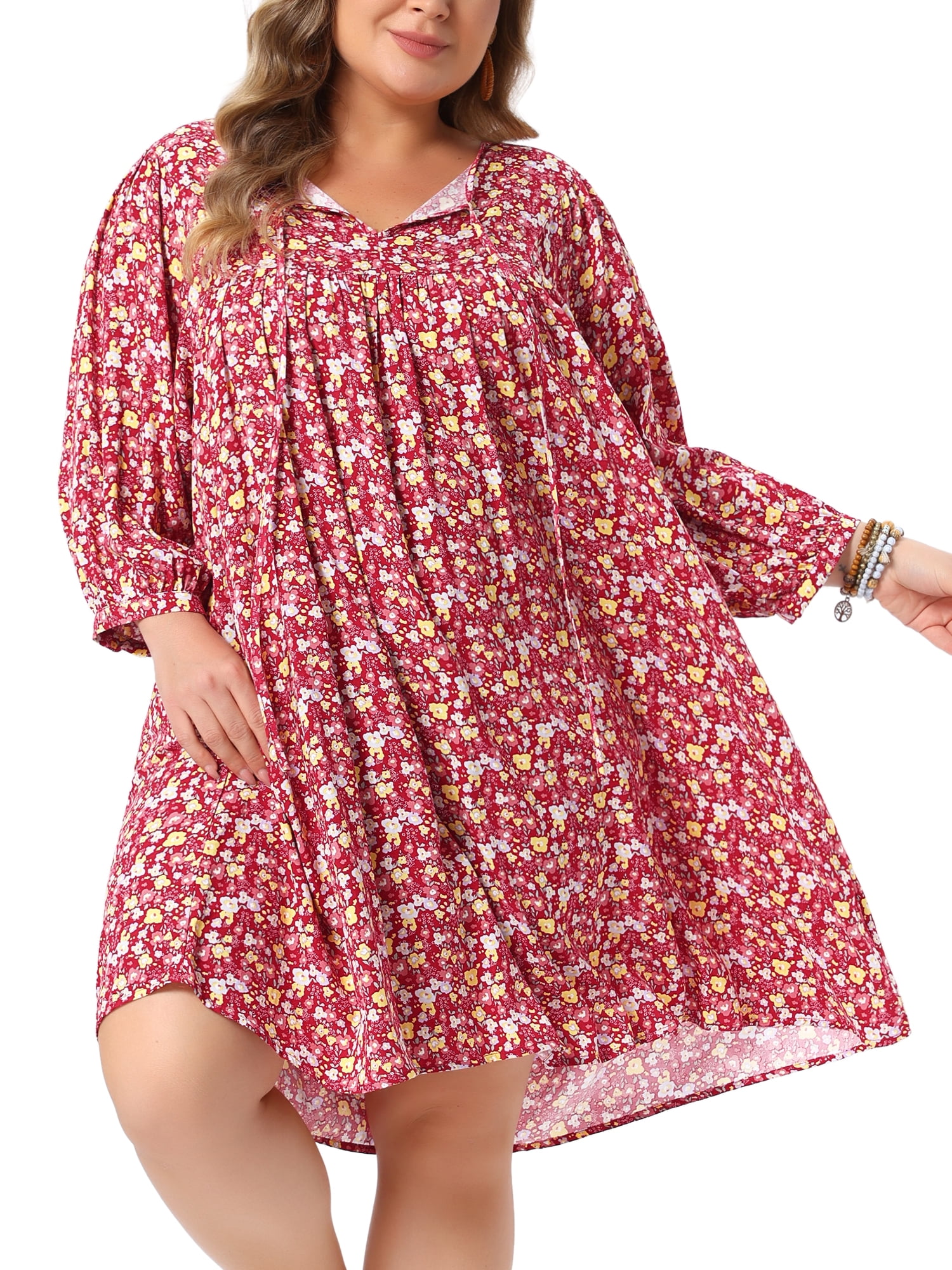 DARING DIVA Women's Plus Size Drawstring V Neck Babydoll Midi Flowy Dress 3X Red