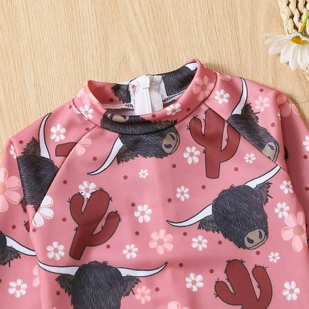 

kpoplk Baby Swimsuit Girl Summer Toddler Girls Long Sleeve Ruffles Cartoon Cow Prints 1 Piece Swimwear Beach Baby Girl Swimsuit(Pink)