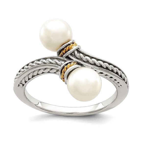 925 Sterling Silver With 14k Accent Two 6-7mm Freshwater Cultured Pearl Ring Size 8 Ring for Women
