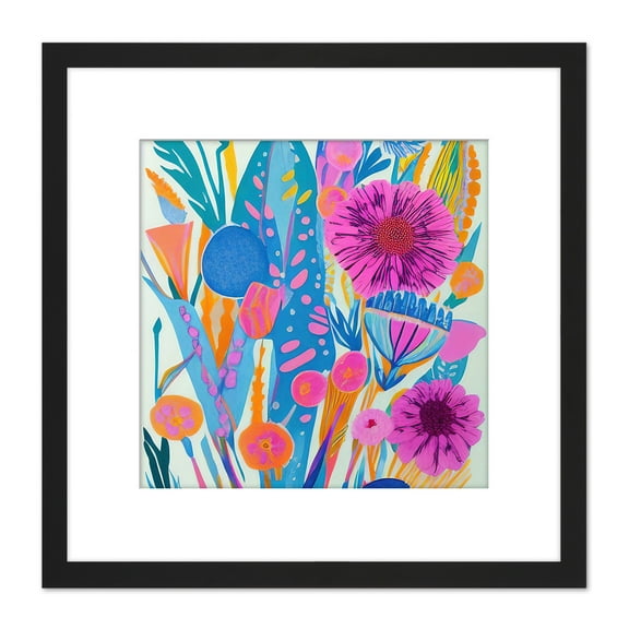 Abstract Bright Floral Bold Flower Shapes Colourful Multicoloured Vibrant Painting Square Wooden Framed Wall Art Print Picture 8X8 Inch