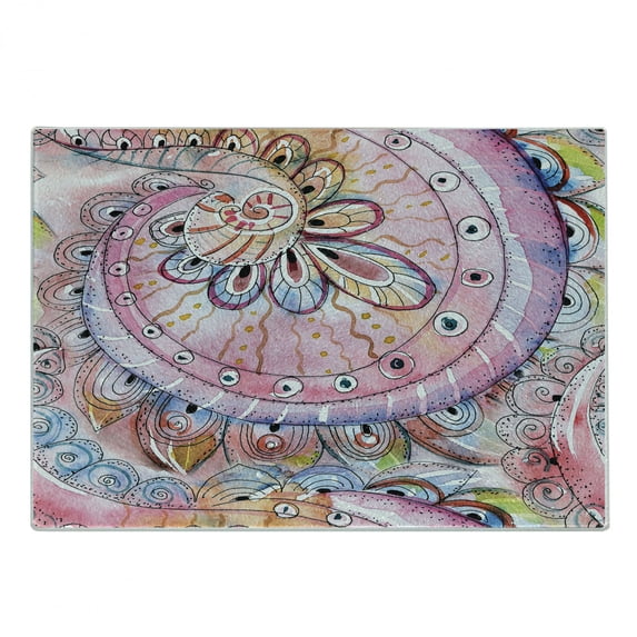Eastern Cutting Board, Traditional Floral Pattern Colored Watercolor Effects Art, Decorative Tempered Glass Cutting and Serving Board, Small Size, Multicolor, by Ambesonne