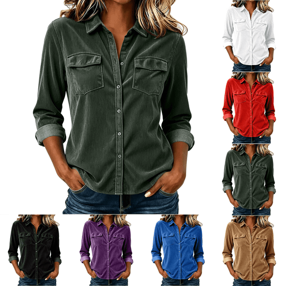 Dvprdro Womens Corduroy Shirt Button Down Collared Long Sleeve with Pockets Solid Casual Fall Tops